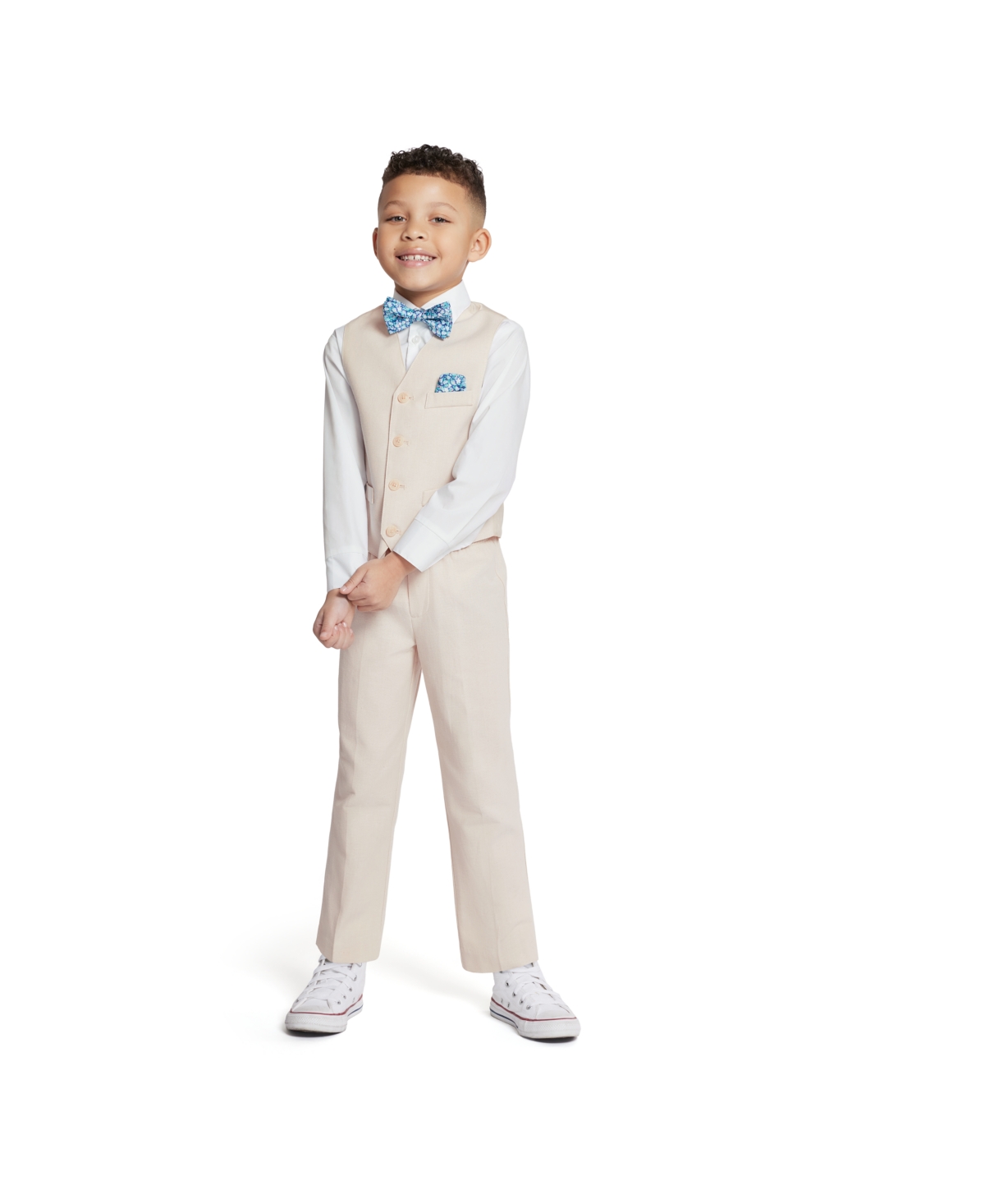 Nautica Little Boys Machine Washable Natural-Linen-Look Vest, Shirt, Pants, Bowtie and Pocket Square, 5 Piece Set