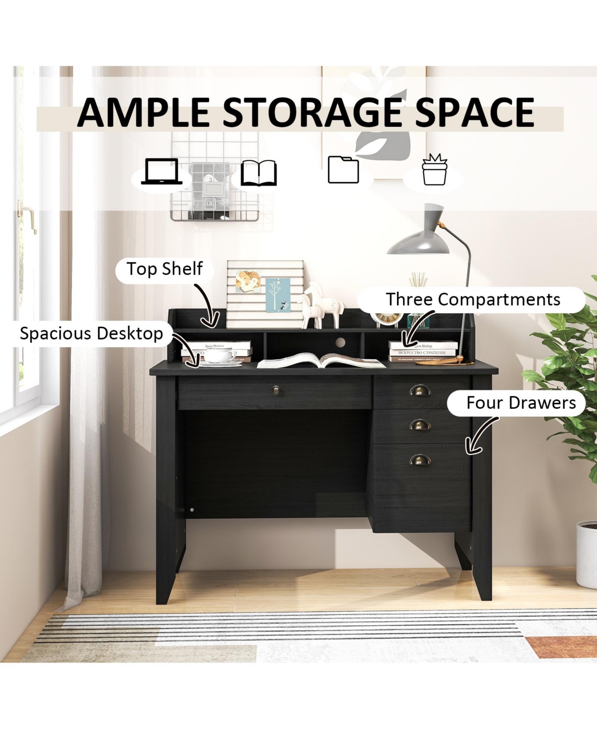 Vintage like Computer Desk with Storage Shelves and 4 Drawers