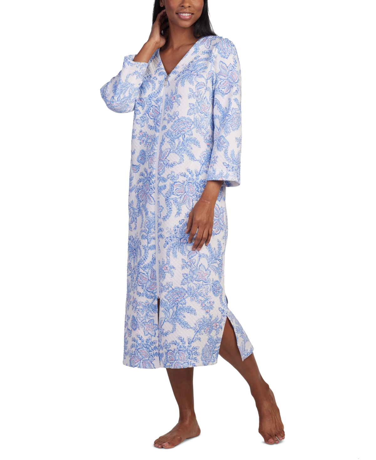 Miss Elaine Women's Quilted Floral 3/4-sleeve Robe In Blue