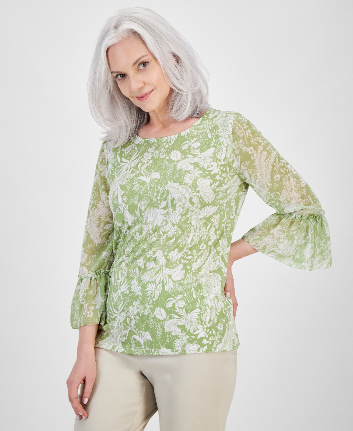 Shop Jm Collection Women's Trop Toile Bell-sleeve Top, Created For Macy's In Luau Green Combo