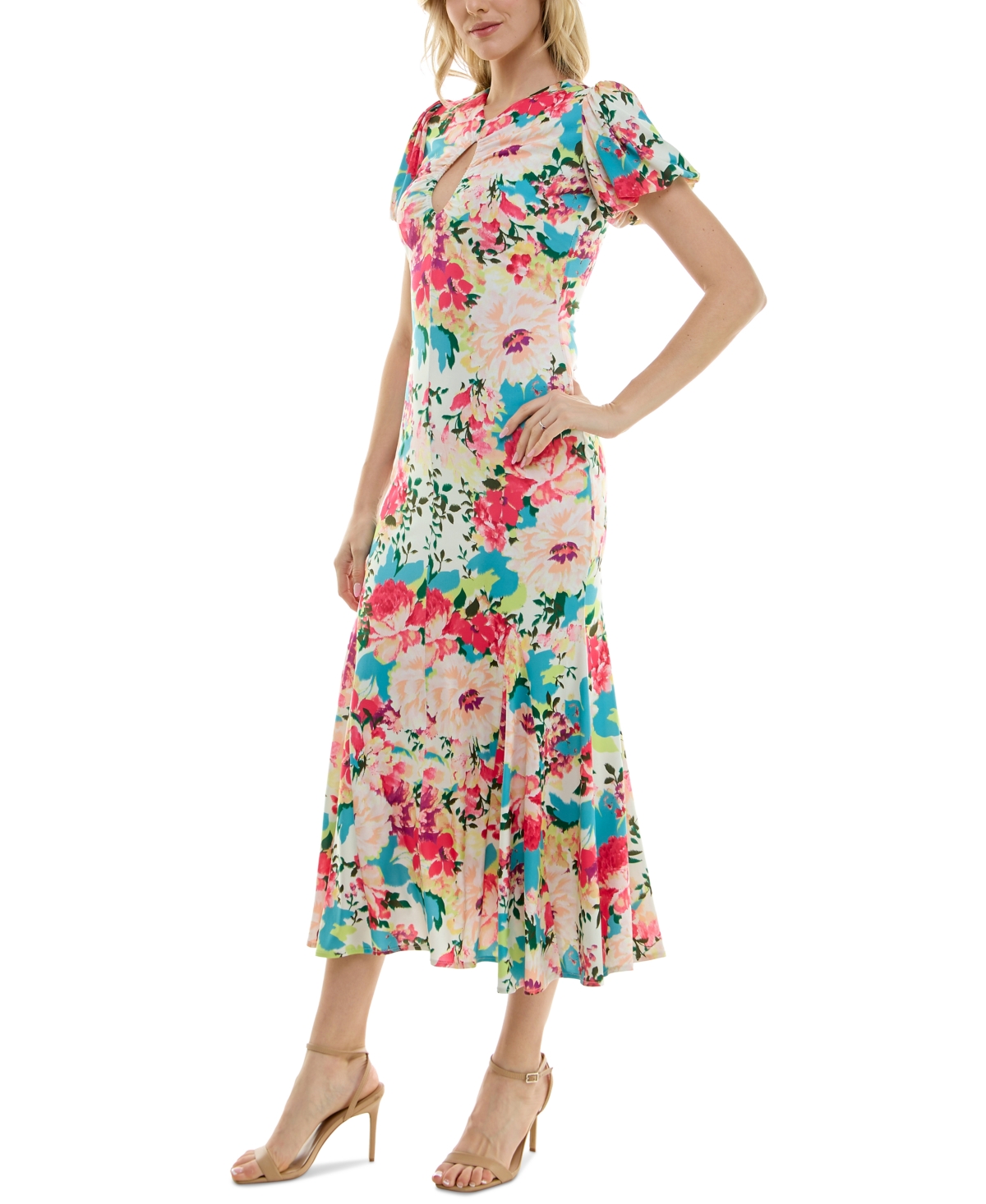 Shop Taylor Women's Printed Keyhole Puff-sleeve Midi Dress In Cream Trop