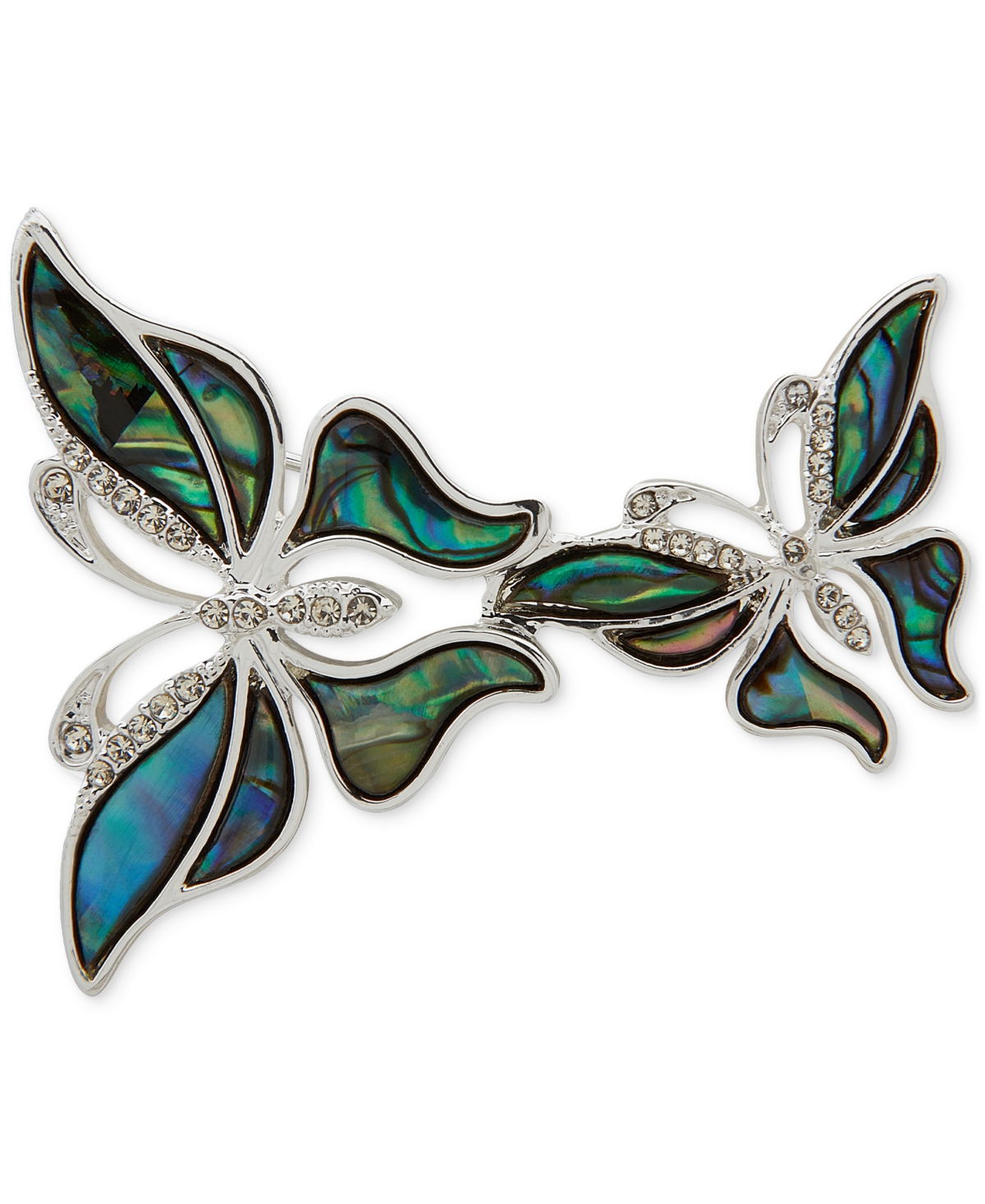 Silver-Tone Pave Color Double Butterfly Pin - Abalone