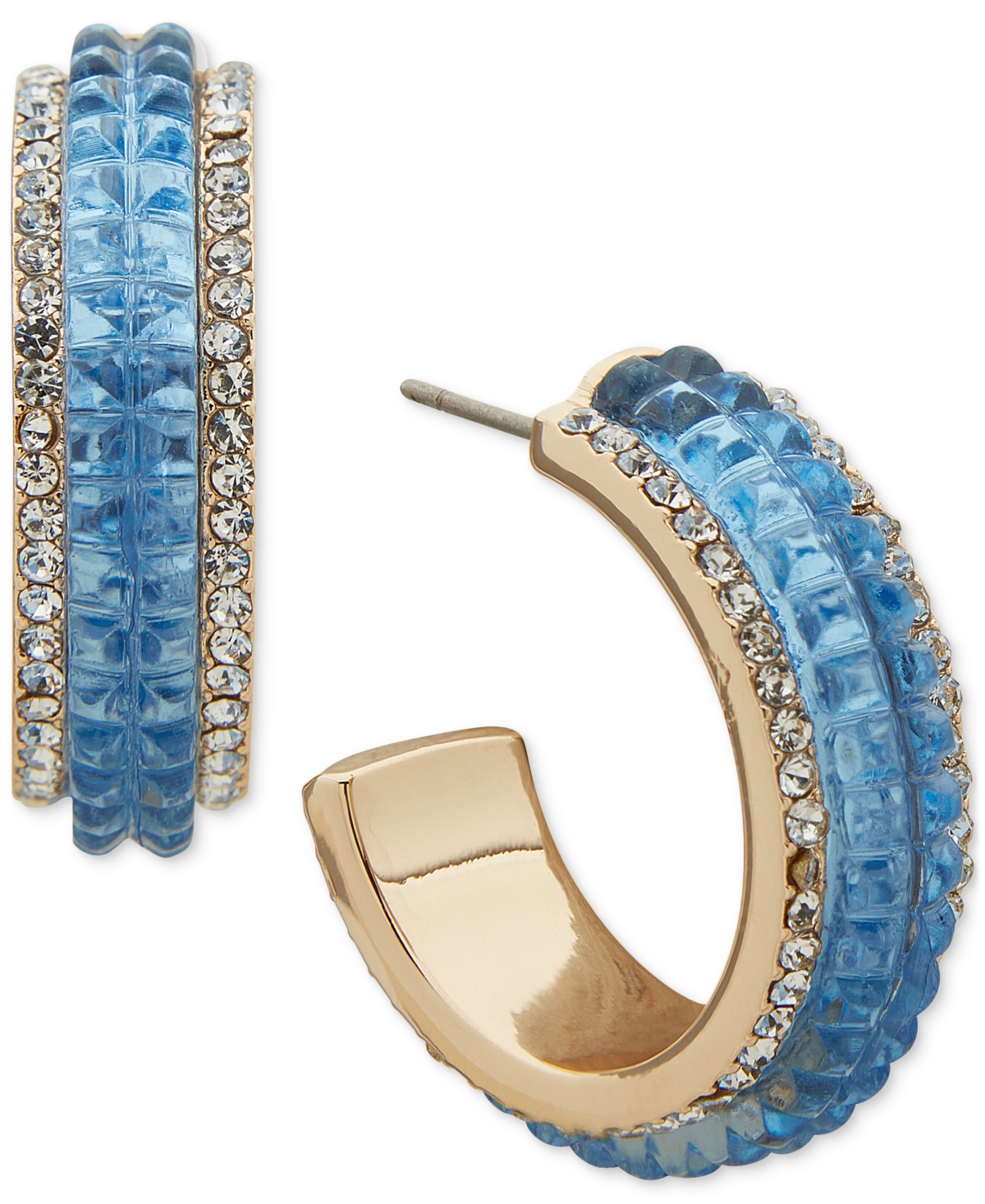 Shop Anne Klein Gold-tone Small Pave & Color Stone C-hoop Earrings, 1" In Blue
