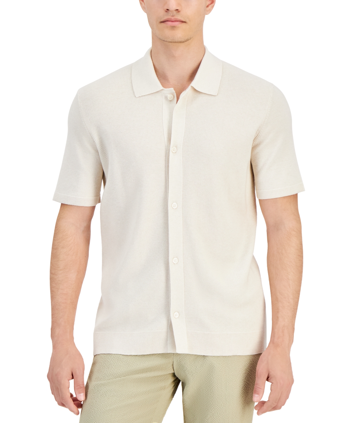 Men's Short Sleeve Textured Knit Button-Down Polo Shirt, Created for Macy's - Fennel Beige