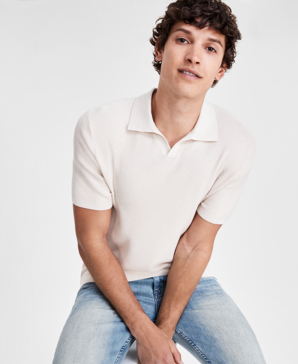 Men's Textured Waffle-Knit Short Sleeve Open Collar Polo Sweater, Created for Macy's - Soft Sun