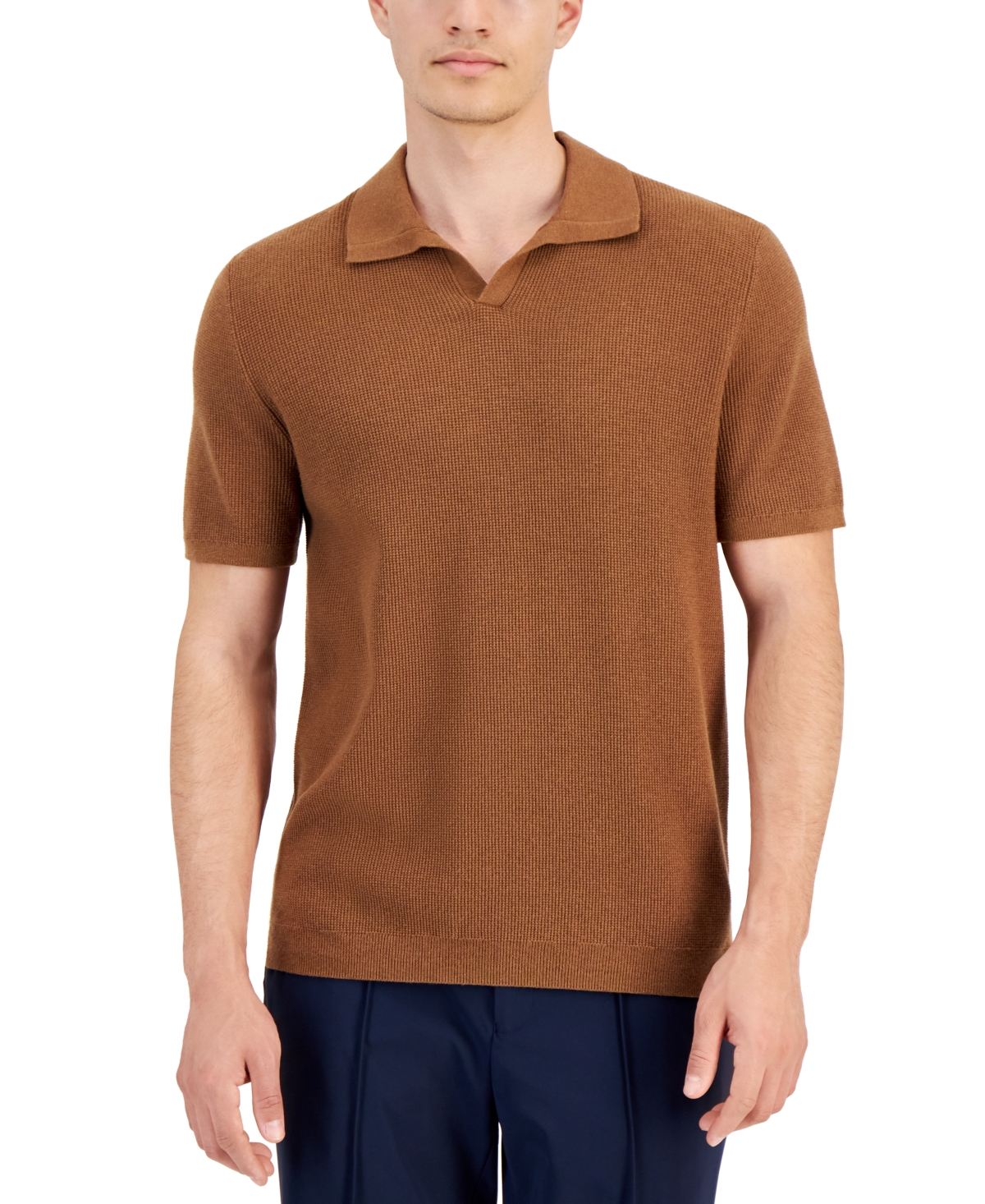 Shop Alfani Men's Textured Waffle-knit Short Sleeve Open Collar Polo Sweater, Created For Macy's In Timber