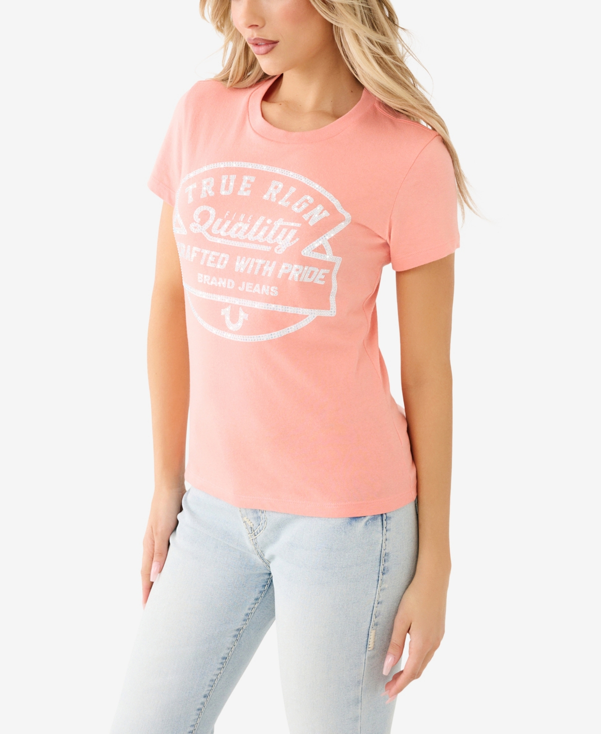 True Religion Women's Shorts Sleeve Crystal Logo Crew T-shirt