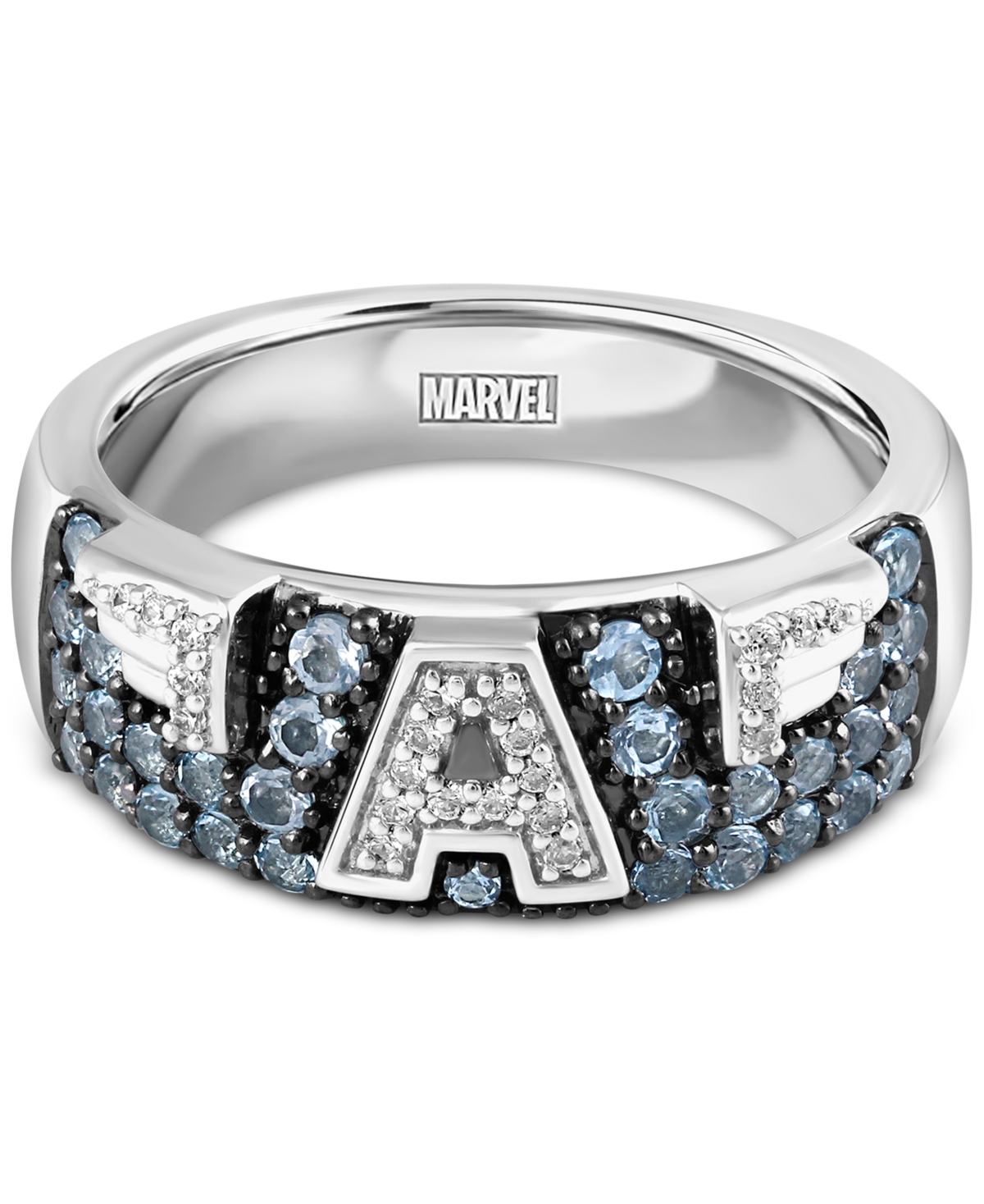 Marvel Wonder Fine Jewelry Swiss Blue Topaz (5/8 ct. t.w.) & Diamond (1/10 ct. t.w.) Captain America Ring - Sterling Silver