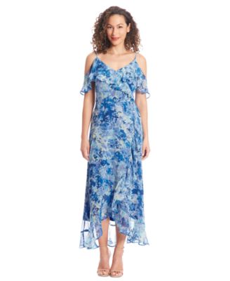 London Times - Women's Cold-Shoulder Ruffle Midi Dress
