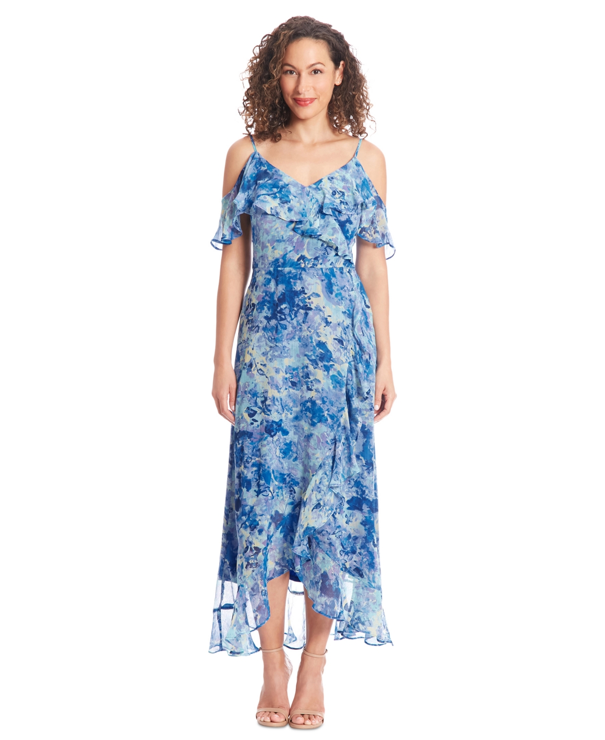 Women's Cold-Shoulder Ruffle Midi Dress - Aqua/blue
