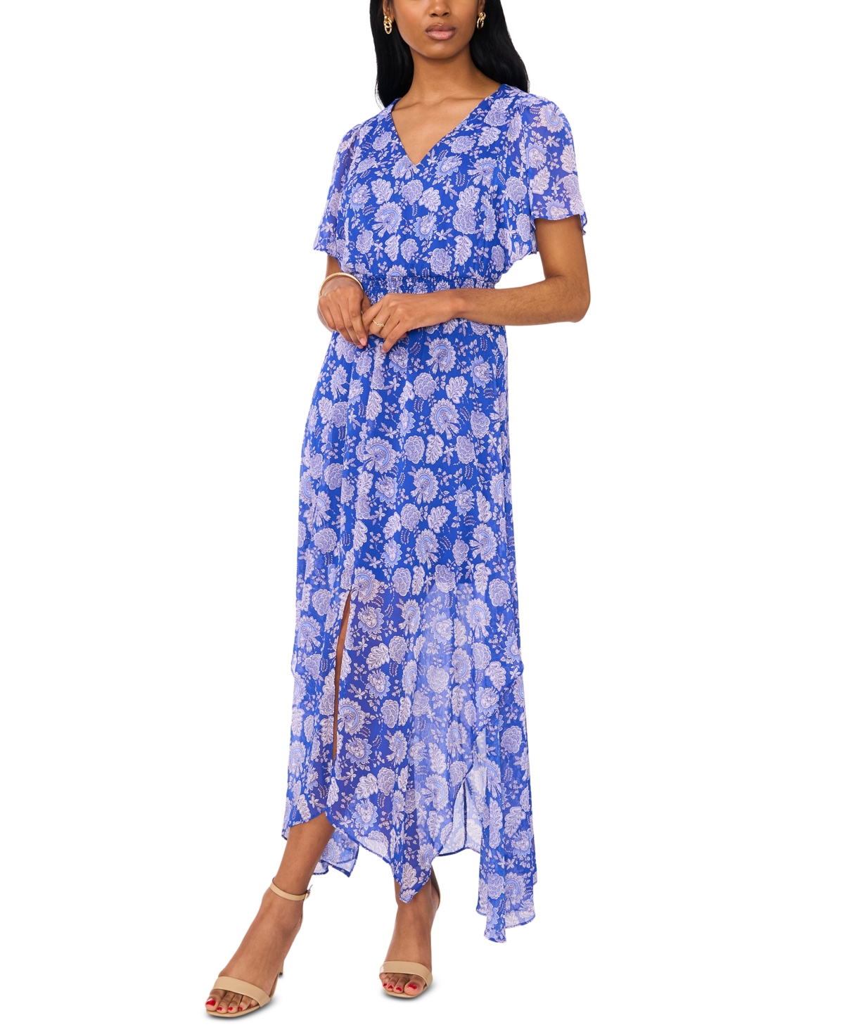 Women's Flutter-Sleeve Handkerchief-Hem Maxi Dress - Blues