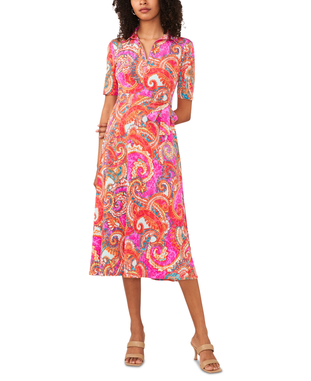 Shop Msk Women's Printed Collared Short-sleeve Midi Dress In Fuchsia,aqua