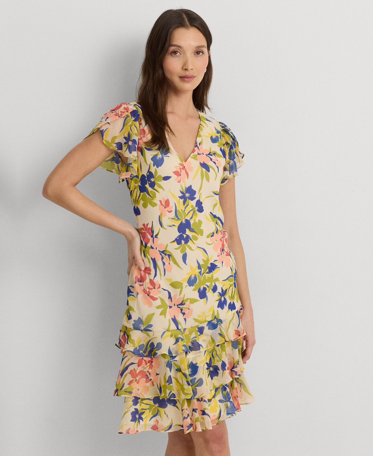 Shop Lauren Ralph Lauren Women's Floral Georgette Drop-waist Dress In Cream Multi