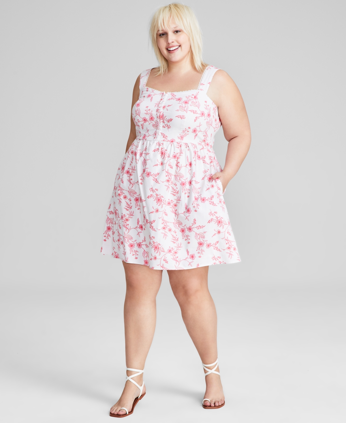 And Now This Plus Size Floral-print Corset Mini Dress, Created For Macy's In Coral Flor
