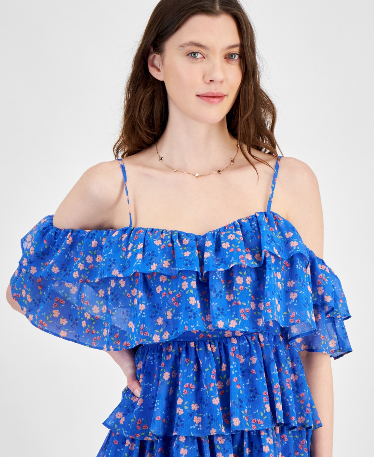 Shop City Studios Juniors' Floral Print Tiered Ruffled Fit & Flare Dress In Blue,coral