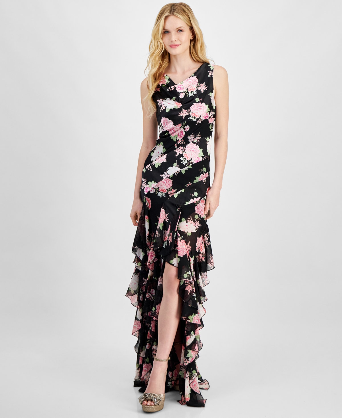 Shop City Studios Juniors' Ruffled Floral Maxi Dress In Black,pink