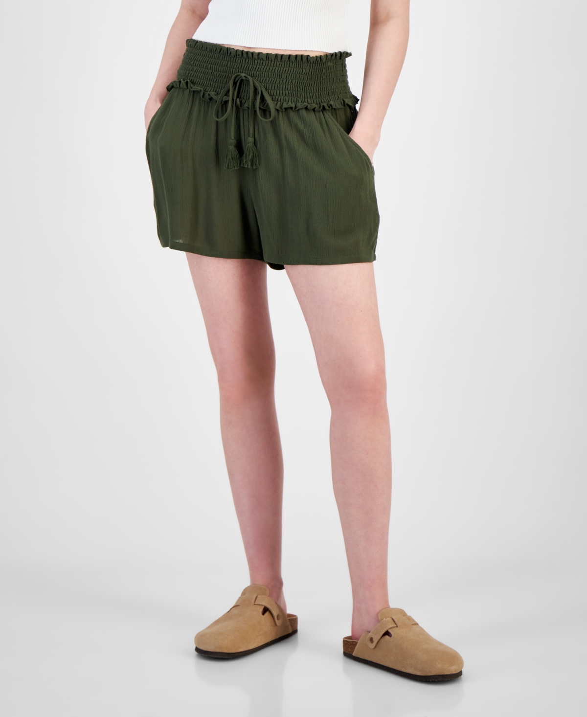 Shop Kingston Grey Juniors' Smock-waist Drawstring Shorts In Olive