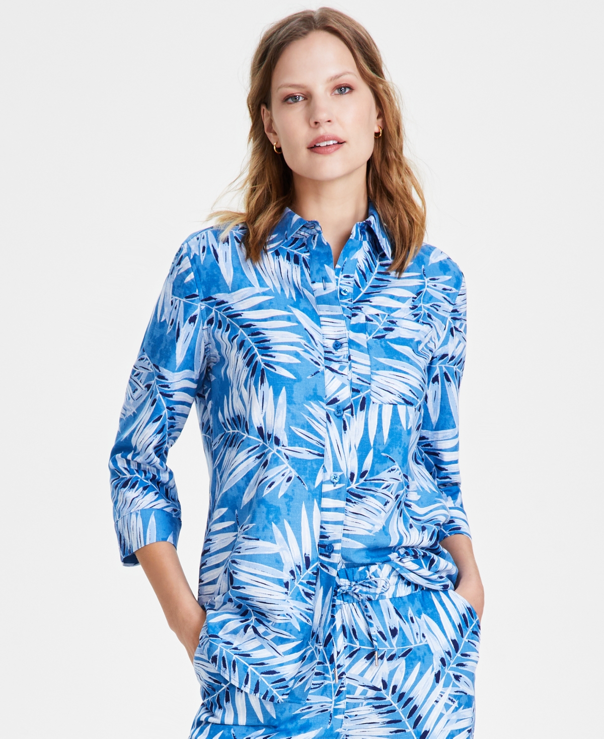 Petite Linen Leaf-Print 3/4-Sleeve Button Front Shirt - Blue Lagoon