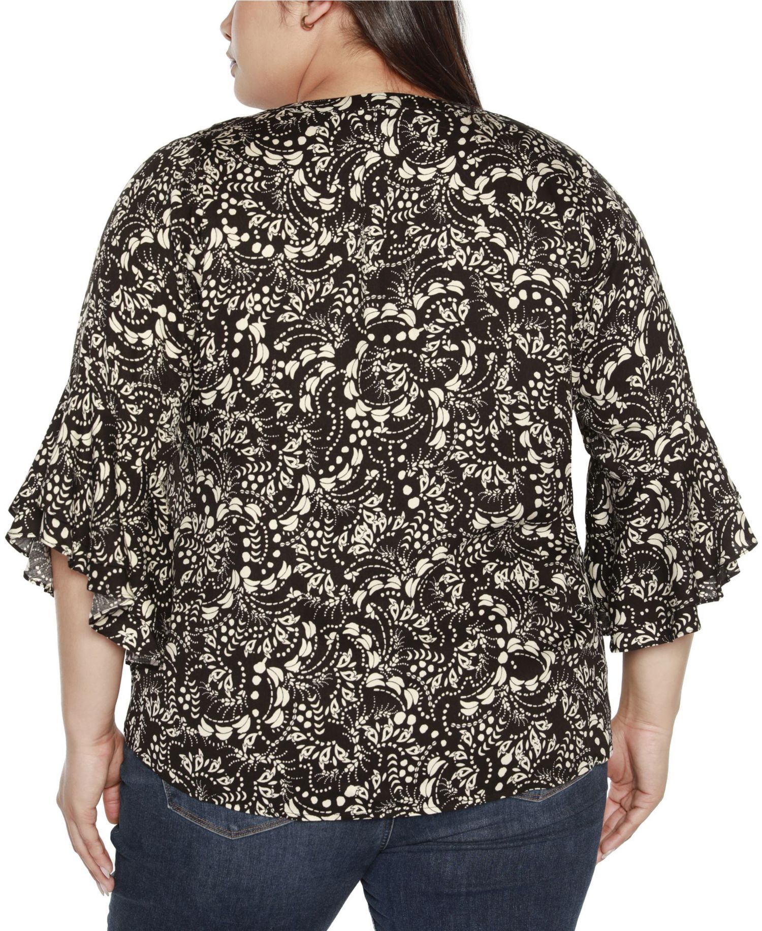 Black Label Plus Size Printed Ruffle Sleeve Top