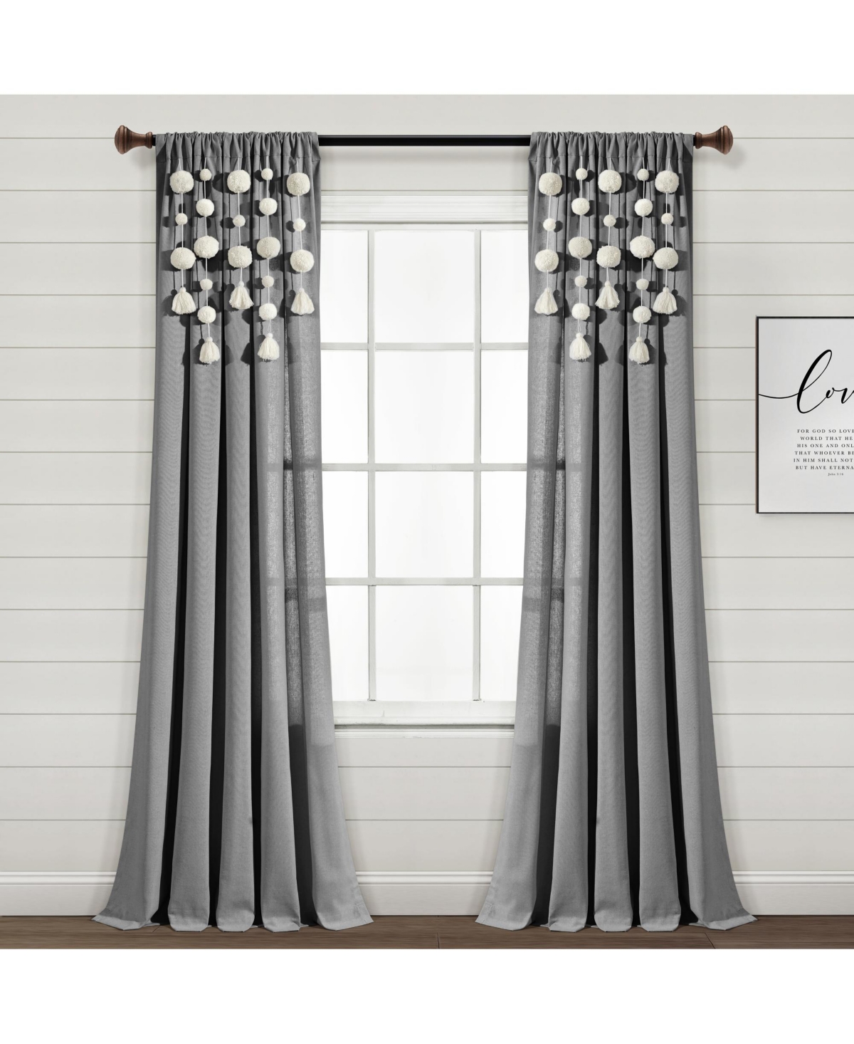 Boho Pom Pom Tassel Linen Window Curtain Panel - Dark gray