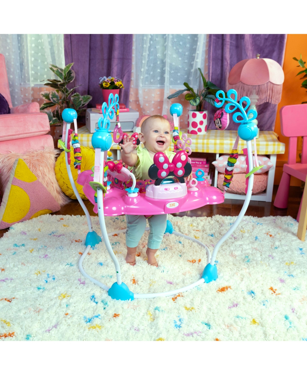 Bright Starts Minnie Mouse Forever Besties Activity Jumper In Bright Pink Multi