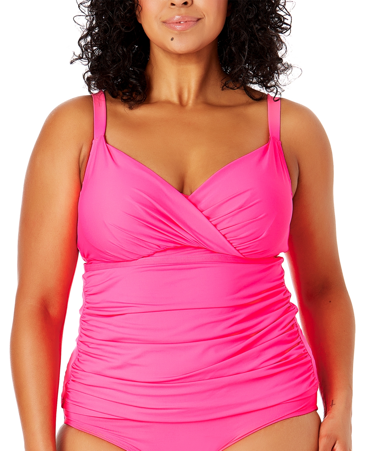 Shop Anne Cole Plus Size Surplice-neck Ruched Tankini Top In Pink Punch