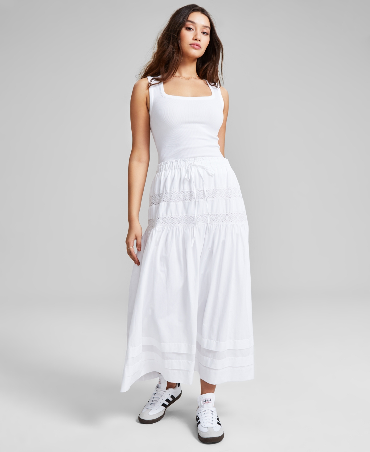 Women's Tie-Waist Lace-Inset Maxi Skirt, Created for Macy's - White