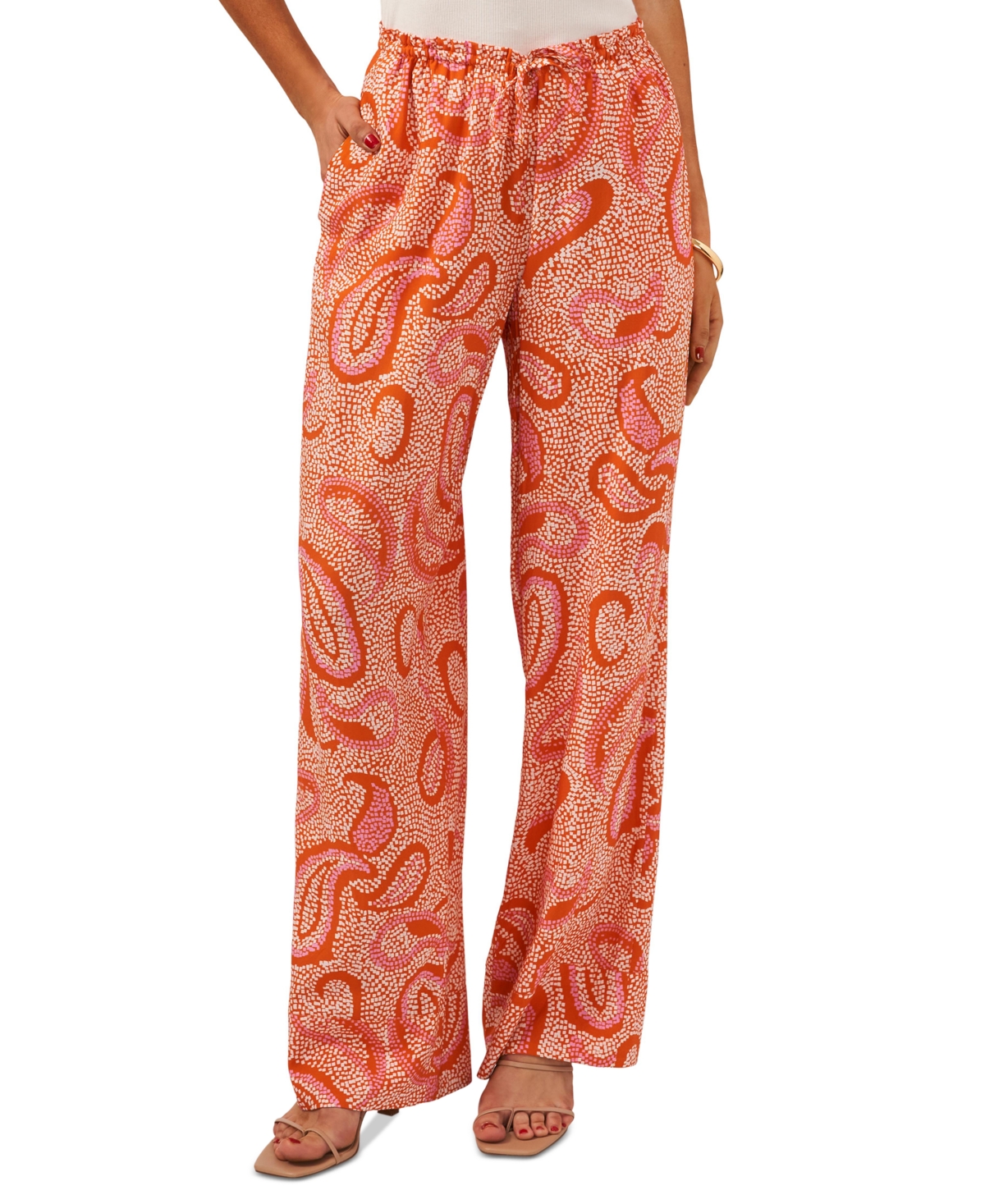 Shop 1.state Women's Paisley Print High Rise Drawstring Wide Leg Pants In Russet Orange
