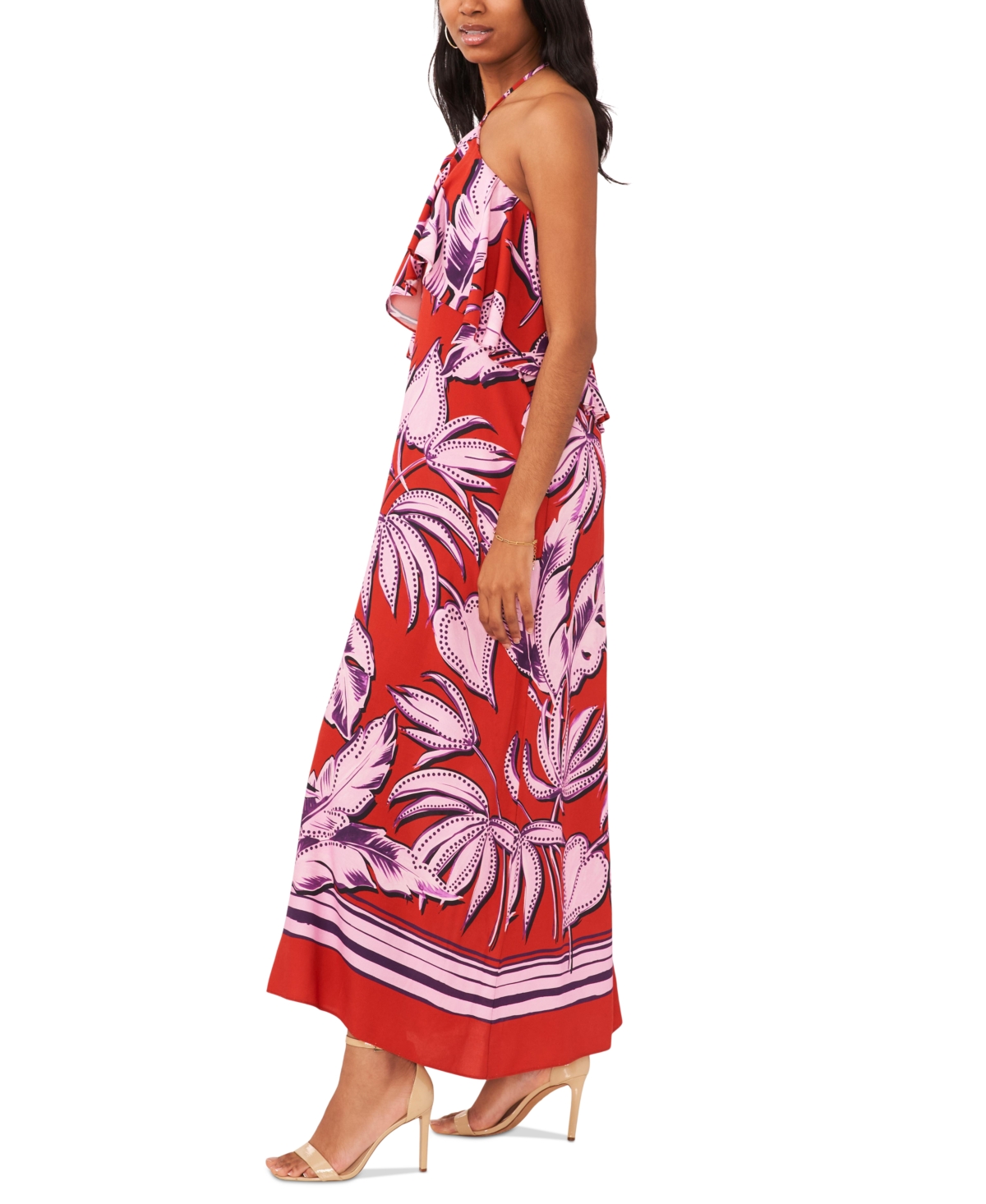 Shop 1.state Women's Tropical Print Ruffled Halter Neck Maxi Dress In Aurora Red