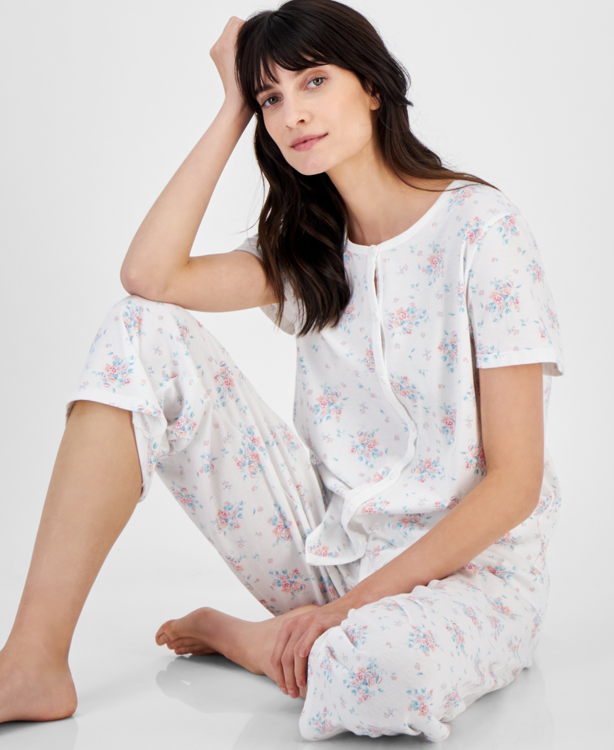 Shop Charter Club Women's 2-pc. Cotton Cropped Pajamas Set, Created For Macy's In Trail Floral