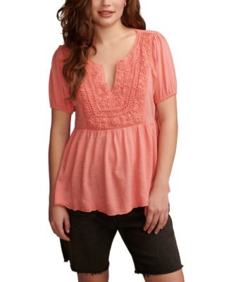 Lucky Brand - Women's Crochet-Yoke Short-Sleeve Babydoll Top