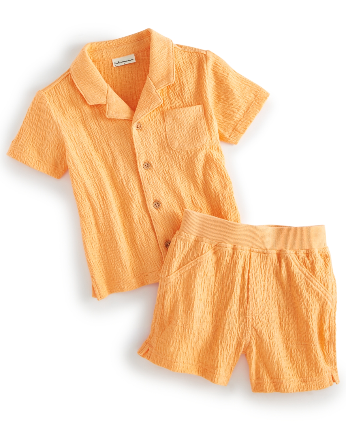 Shop First Impressions Baby Boys Gauze Button-down Camp Shirt & Shorts, 2 Piece Set, Created For Macy's In Melon Sorbet