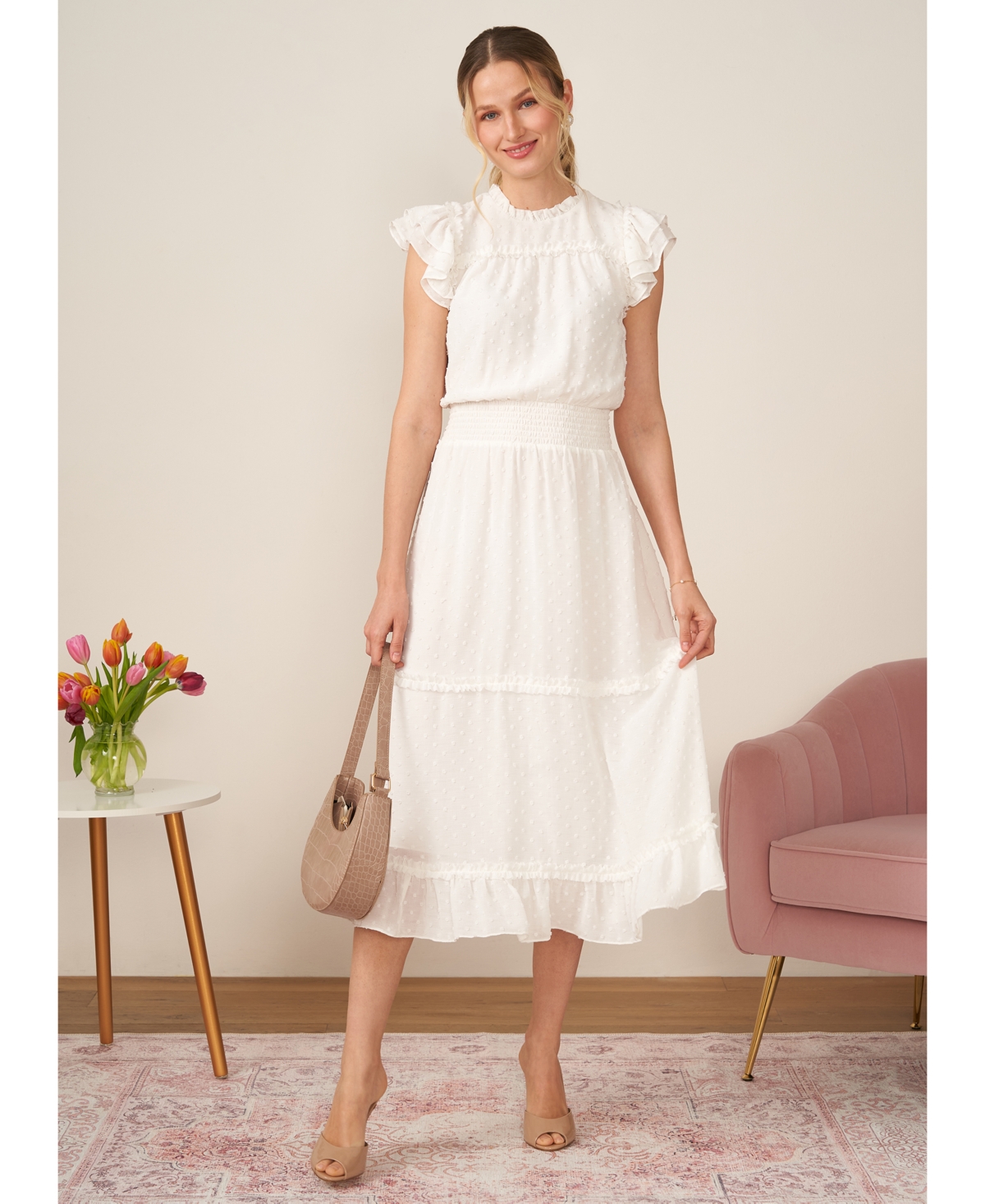 Cece Ruffled Swiss Dot Midi Dress In Rich Cabernet