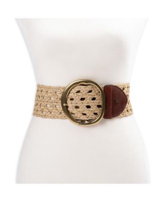 Women's Woven Leather Belt with Circular Center Bar Buckle