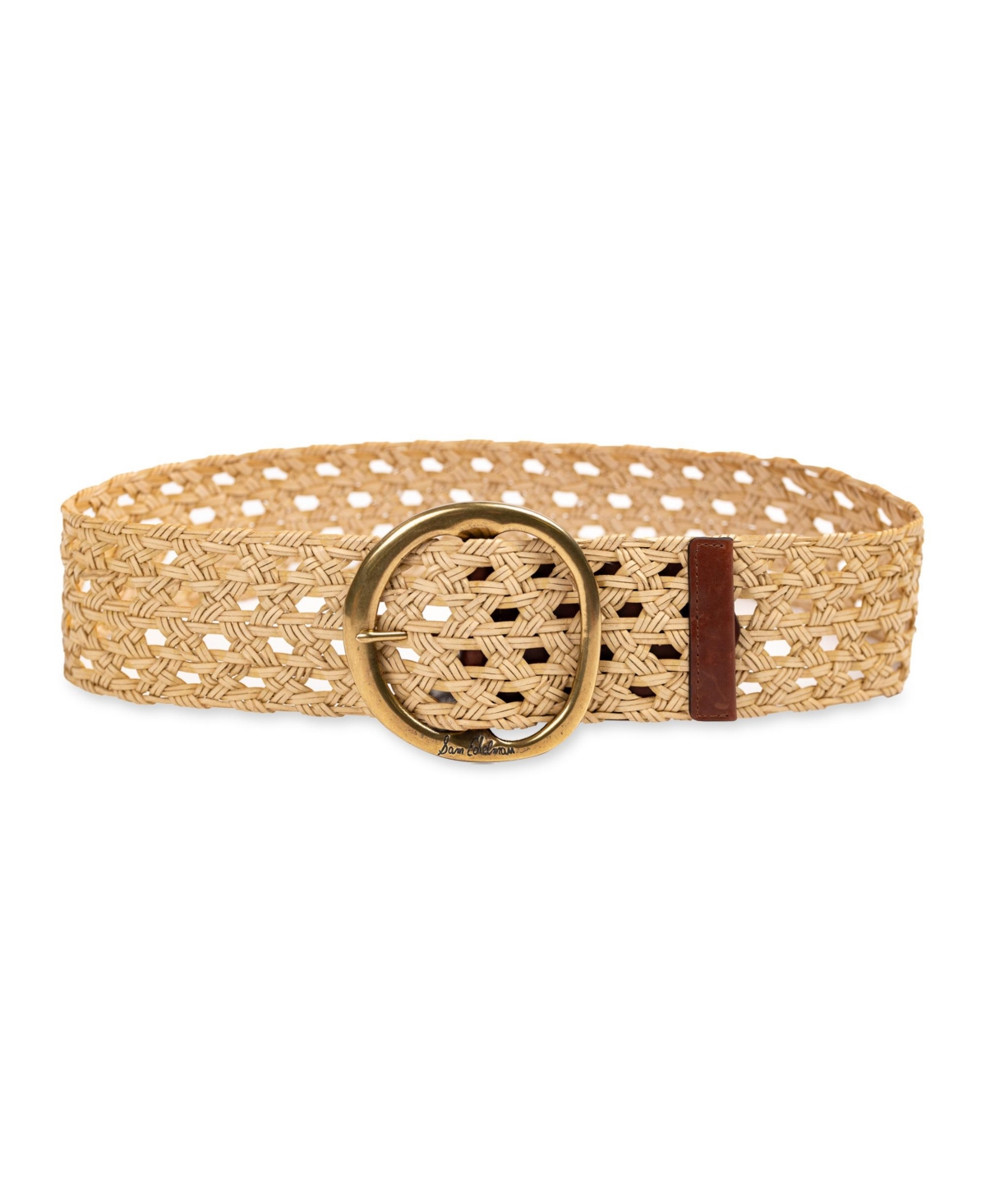Women's Woven Leather Belt with Circular Center Bar Buckle - Natural