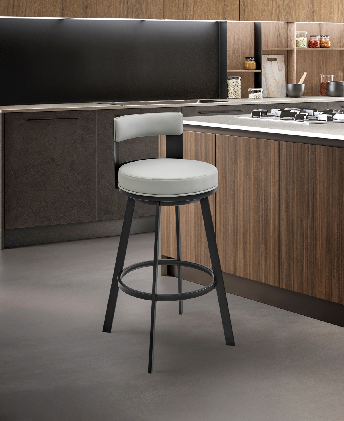 Armen Living Flynn 26" Swivel Counter Stool In Metal With Light Faux Leather In Light Gray,black