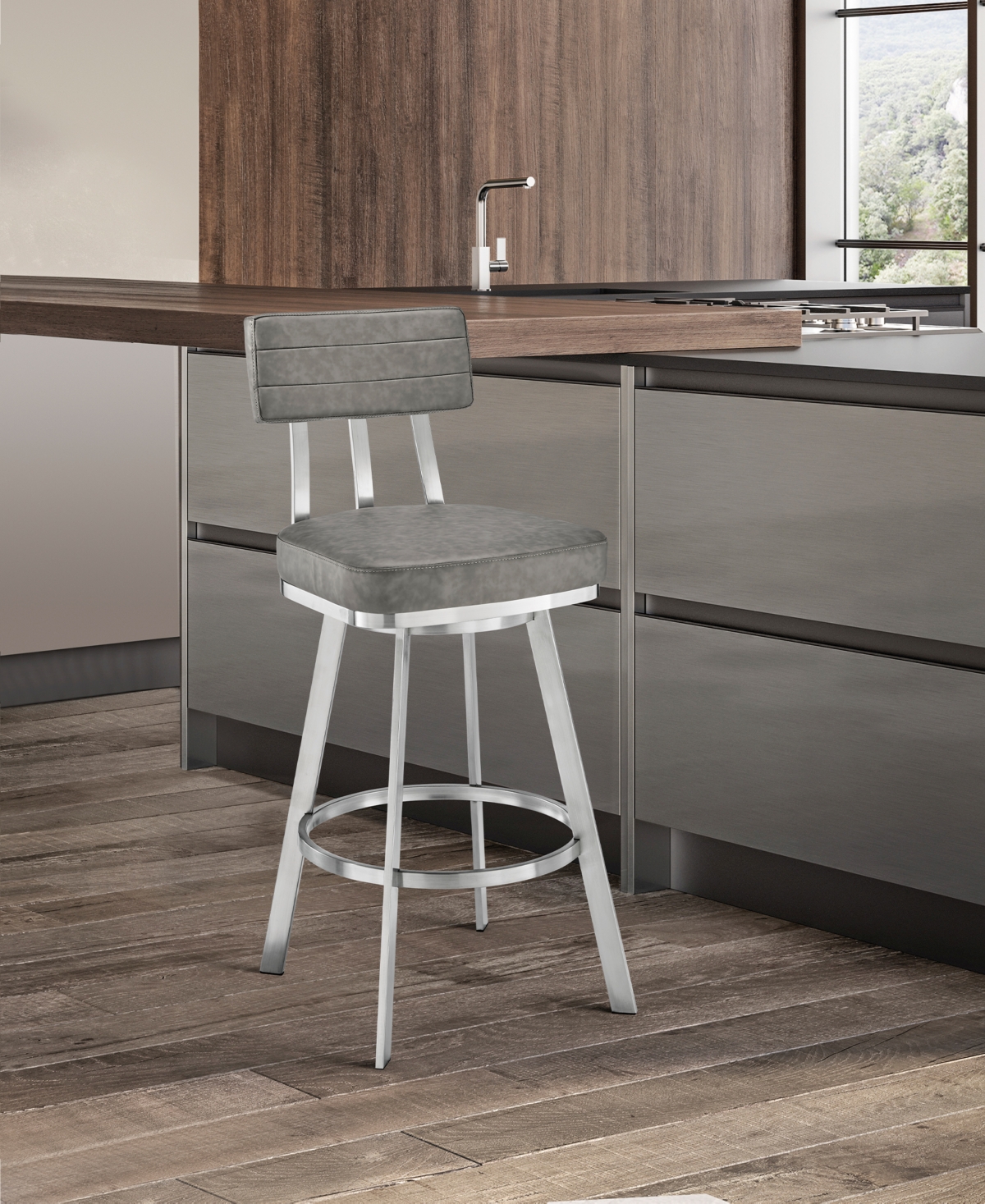 Armen Living Benjamin Swivel Bar Stool in Brushed Stainless Steel with Faux Leather - Brushed Stainless Steel