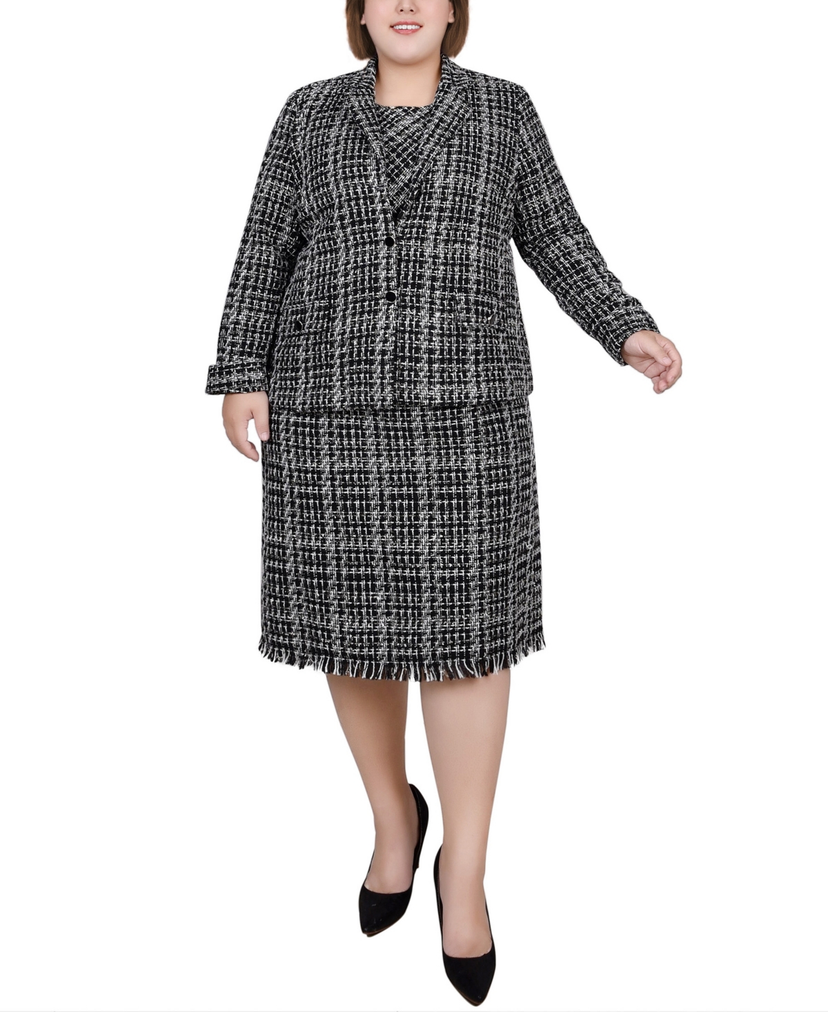 Ny Collection Plus Size Long Sleeve Tweed Jacket With Dress, 2 Piece Set In Black Ivory