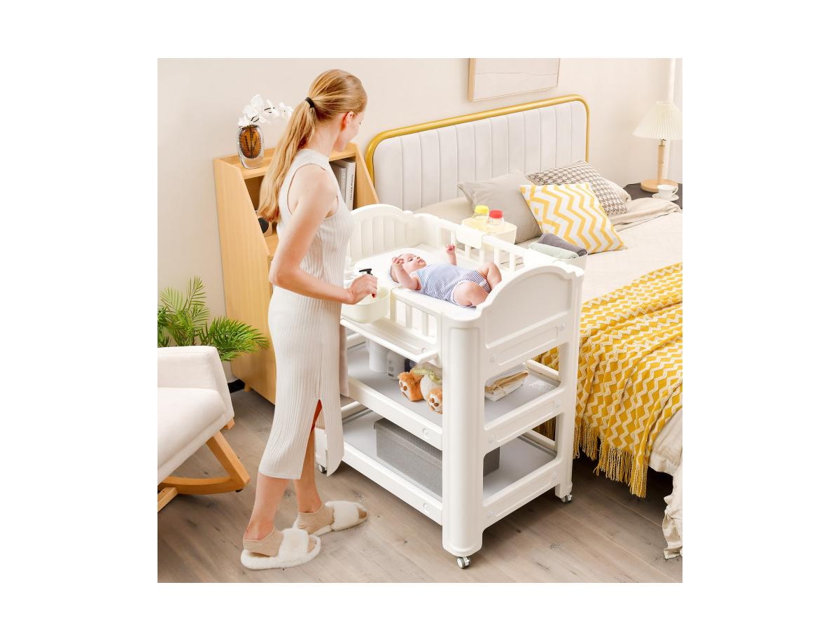 Slickblue Mobile Diaper Changing Station with Storage Shelves and Boxes- Beige