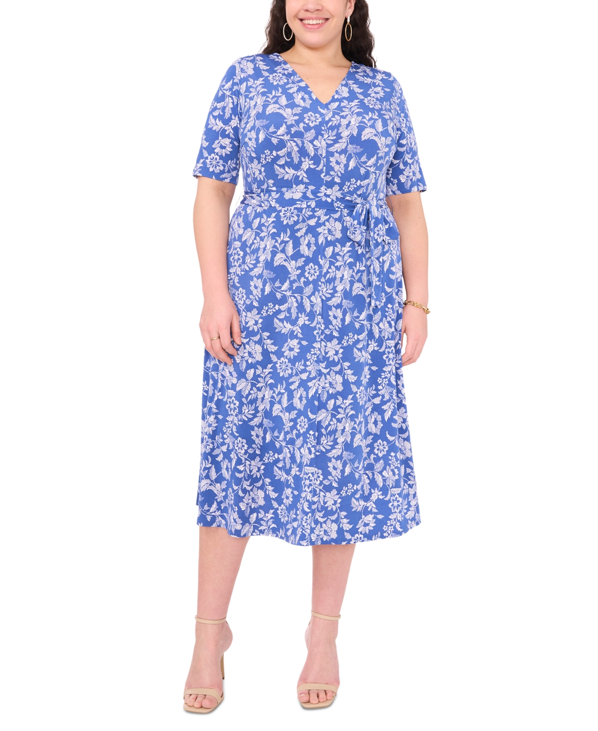 Shop Msk Plus Size Printed Tie-waist Midi Dress In Jbs Denim
