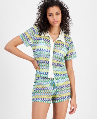 Shop Miken Juniors Camp Crochet Shirt Cover Up Camp Crochet Cover Up Shorts Created For Macys In Ivory Green Multi