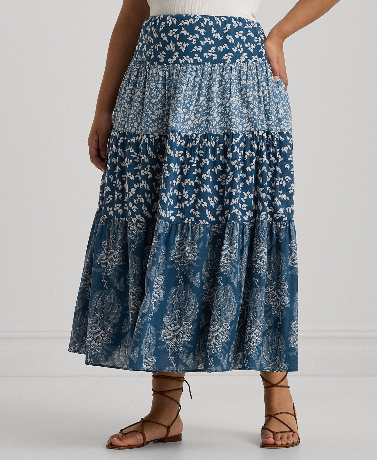 Plus Size Tiered Floral A-Line Skirt - Blue