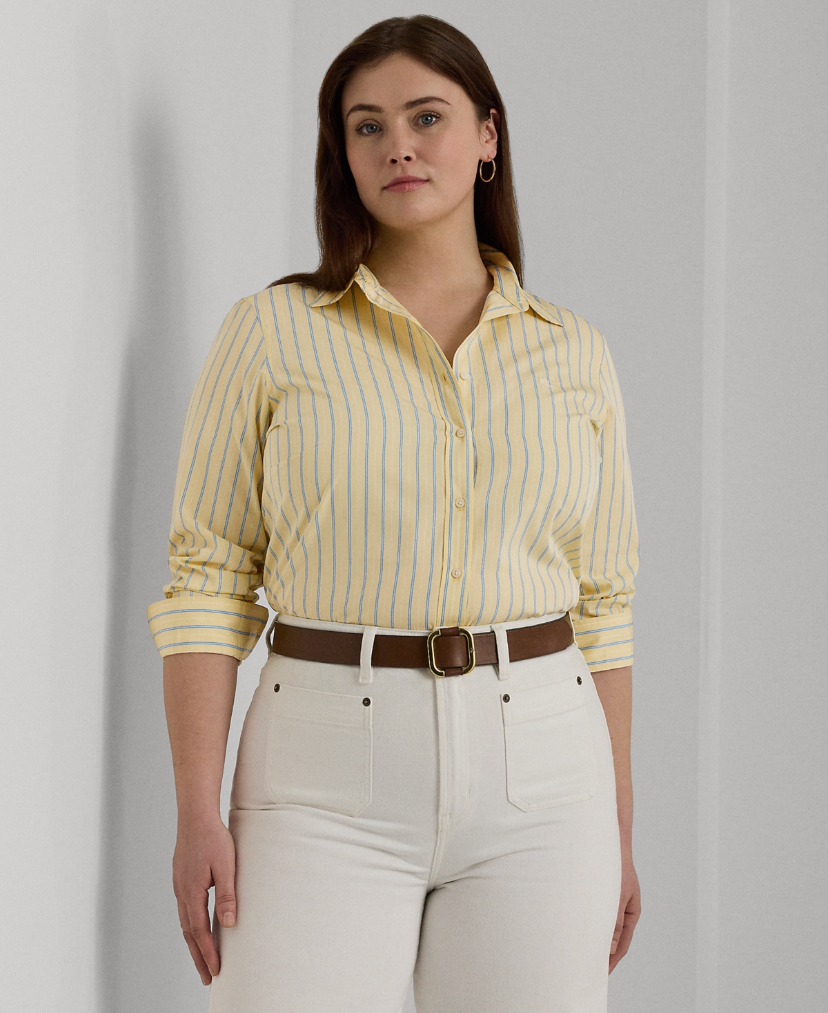 Shop Lauren Ralph Lauren Plus Size Cotton Striped Shirt In Yellow Multi