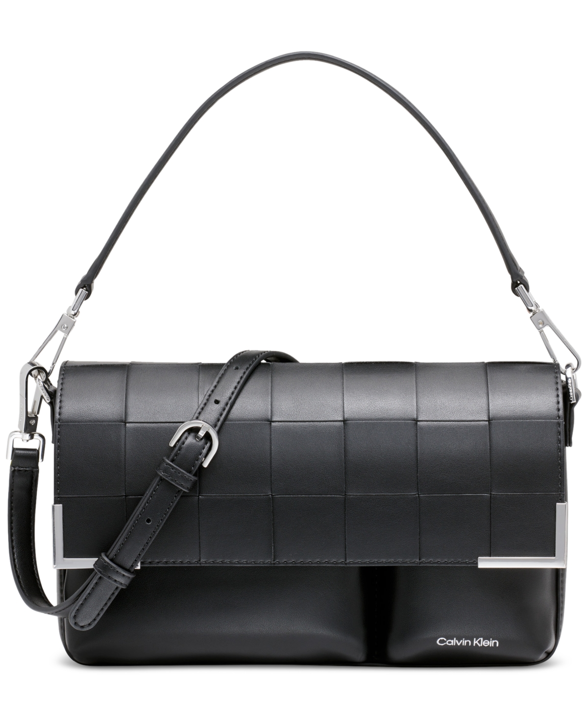 Shop Calvin Klein Mica Woven Magnetic Flap Convertible Shoulder Bag In Black Silver