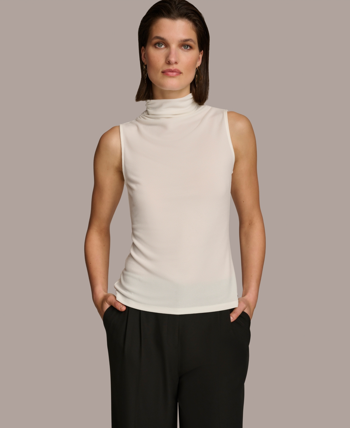 Shop Donna Karan Women's Mock Neck Sleeveless Top In Cream