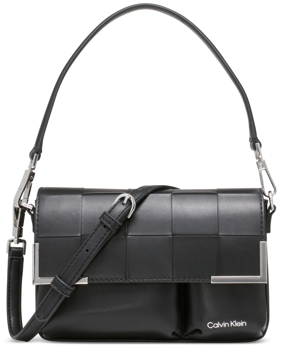 Calvin Klein Mica Woven Magnetic Flap Convertible Shoulder Bag In Black Silv