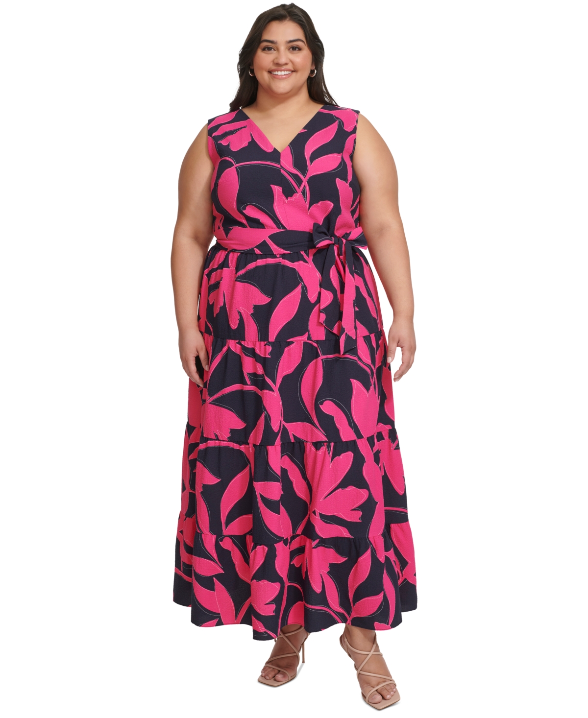 Dkny Plus Size Printed Fit & Flare Maxi Dress In Navy,pink