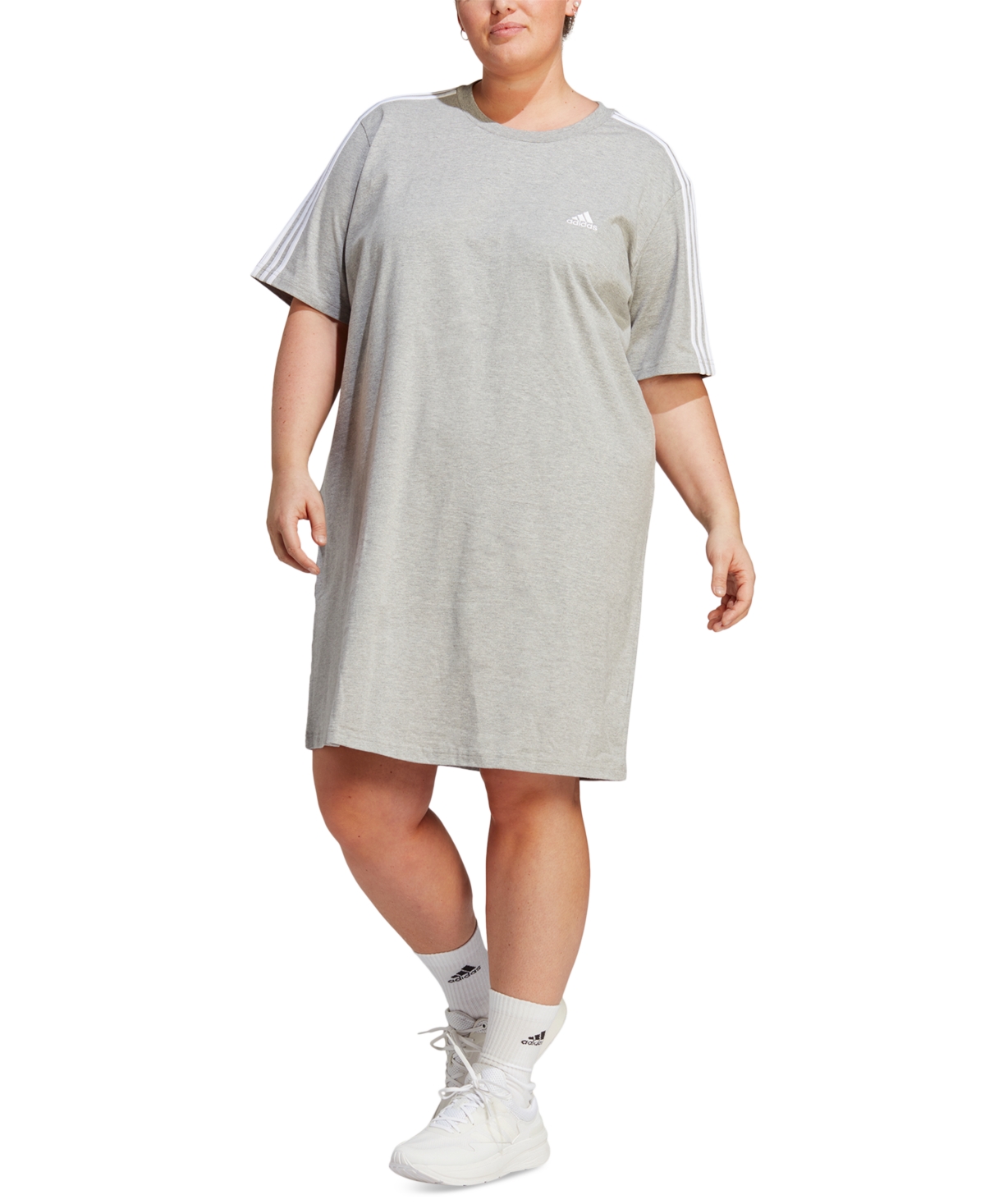 Shop Adidas Originals Plus Size Essentials 3-stripes Boyfriend T-shirt Dress In Medium Grey,white