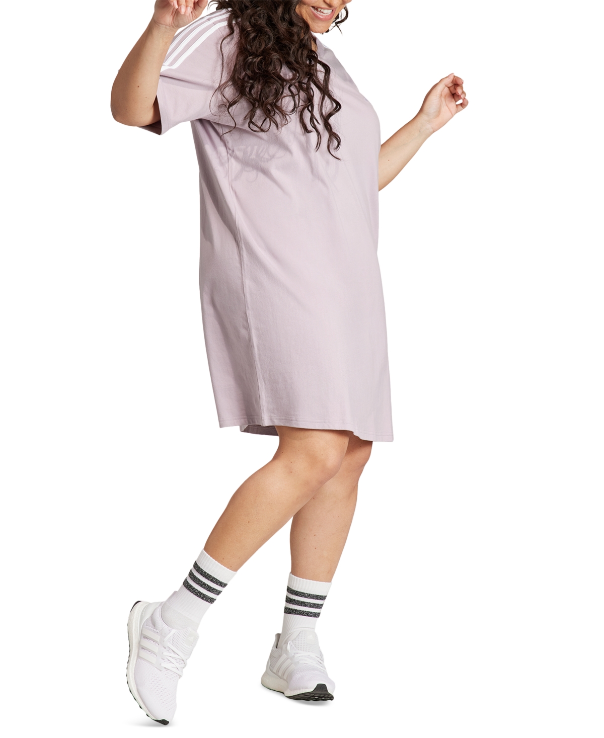 Shop Adidas Originals Plus Size Essentials 3-stripes Boyfriend T-shirt Dress In Preloved Fig,white
