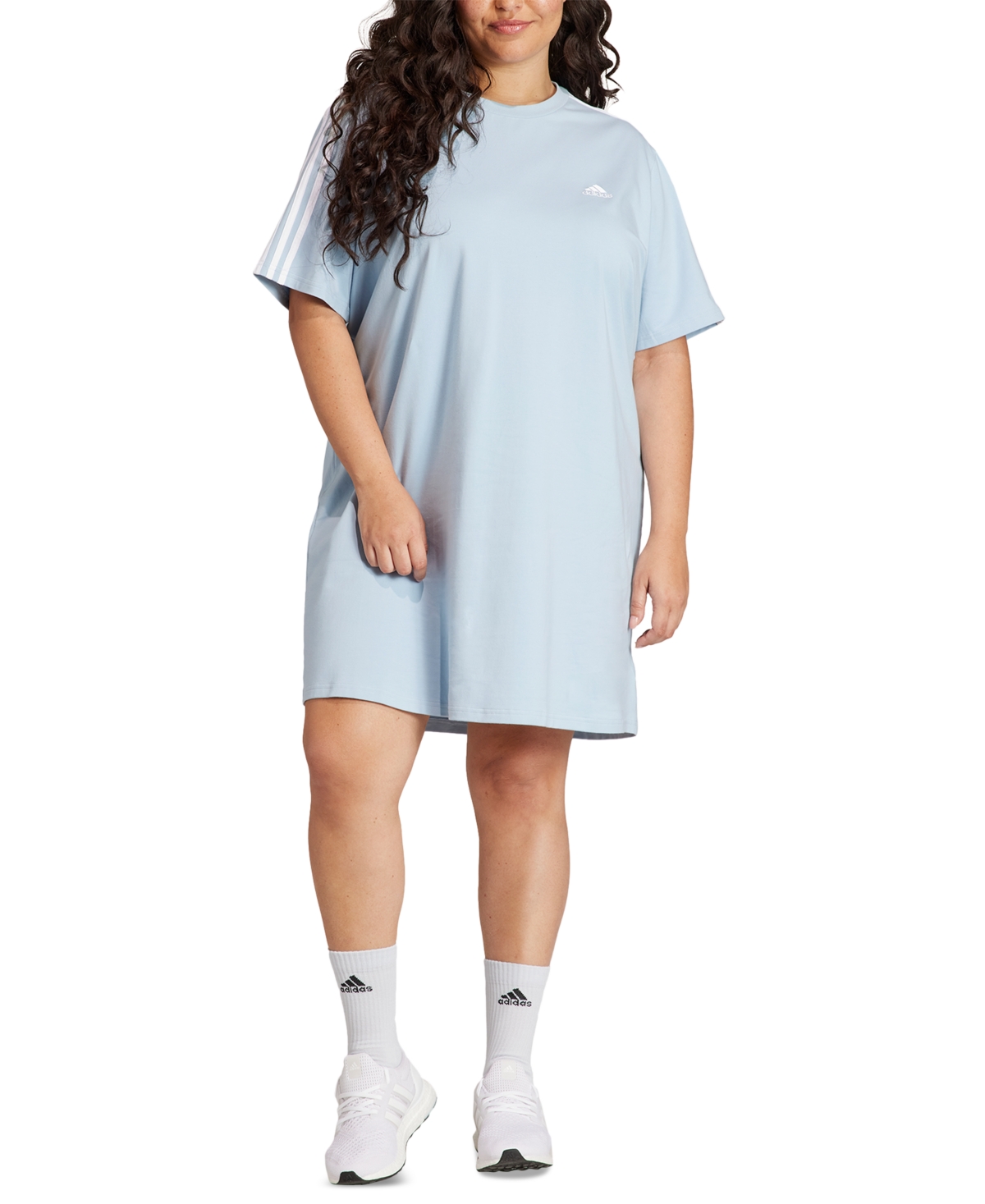 Shop Adidas Originals Plus Size Essentials 3-stripes Boyfriend T-shirt Dress In Wonder Blue,white